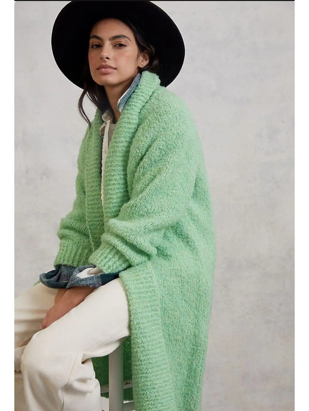 By Anthropologie Cardigan Sweater Womens XS Green Fuzzy Long Open Front Knit